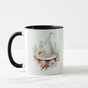 Boho White Witches Hat and Flowers Green Halloween Mug