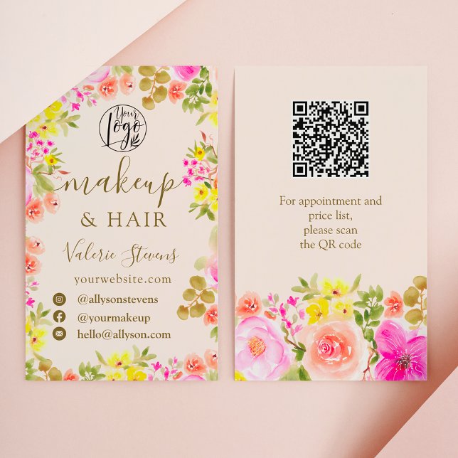 Boho wild flowers garden watercolor makeup hair business card (Boho wild flowers garden watercolor makeup hair business card)