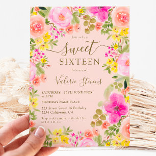 Boho wild flowers garden watercolor Sweet 16 Invitation