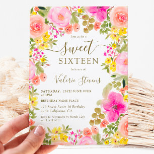 Boho wild flowers garden watercolor Sweet 16 Invitation
