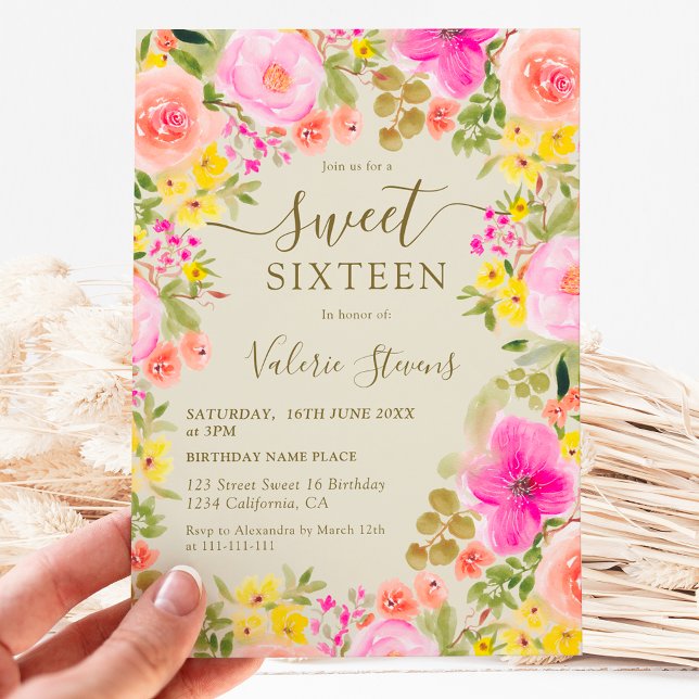 Boho wild flowers garden watercolor Sweet 16 Invitation (Boho wild flowers garden watercolor Sweet 16 Invitation on light green)