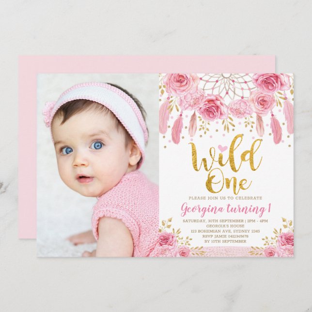 Boho Wild One Pink Rose Floral Dreamcatcher Invitation (Front/Back)