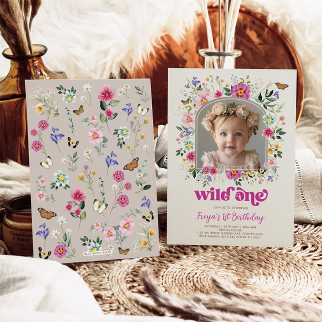 Boho Wild One Wildflower 1st Birthday Photo Invitation (Creator Uploaded)