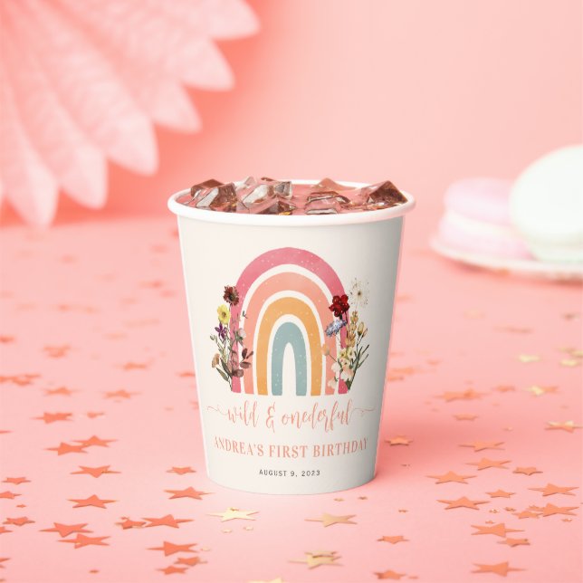Boho Wild & Onederful Flower Rainbow 1st Birthday Paper Cups (Insitu)