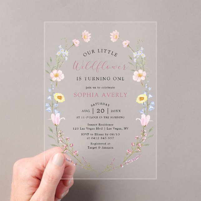 Boho Wildflower 1st Birthday Garden Acrylic Invitations (Insitu (Handheld))