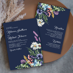 Boho Wildflower All in One Navy Blue Wedding Invitation