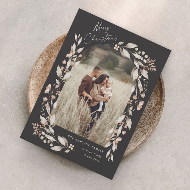 Boho Wildflower Arch Photo Christmas Holiday (Boho wildflower arch photo christmas holiday magnetic card with elegant script hand painted foliage.)