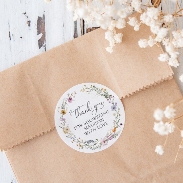 Boho Wildflower Baby Shower Favour Classic Round Sticker (Creator Uploaded)