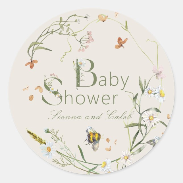 Boho Wildflower Bee Beige Baby Shower Classic Round Sticker (Front)