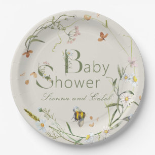 Boho Wildflower Bee Beige Baby Shower Paper Plate