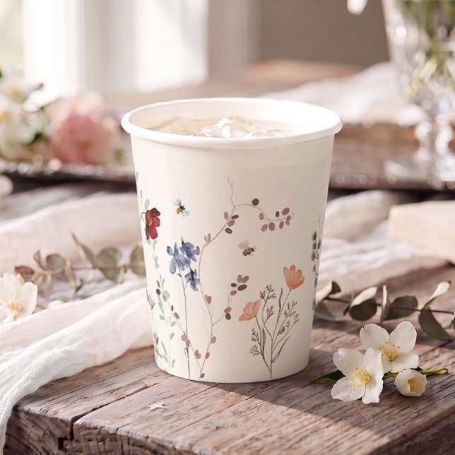 Boho Wildflower Bees Baby Shower Paper Cups (Boho wildflower paper cups for weddings and parties.)