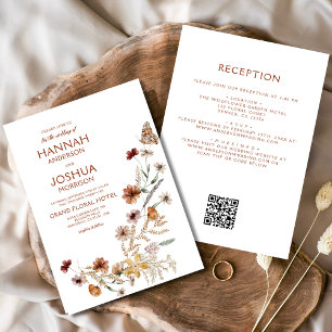 Boho Wildflower Beige All in One QR Code Wedding Invitation