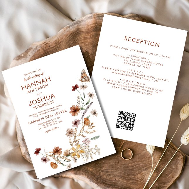 Boho Wildflower Beige All in One QR Code Wedding Invitation (Creator Uploaded)