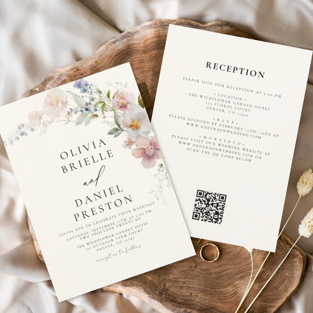 Boho Wildflower Beige All in One QR Code Wedding Invitation (Creator Uploaded)