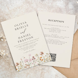 Boho Wildflower Beige All in One QR Code Wedding Invitation