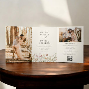 Boho Wildflower Beige All in One QR Code Wedding  Tri-Fold Invitation