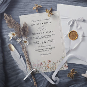 Boho Wildflower Beige Elegant QR Code Wedding Invitation