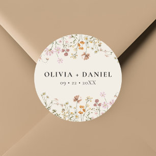 Boho Wildflower Beige Garden Wedding Classic Round Sticker