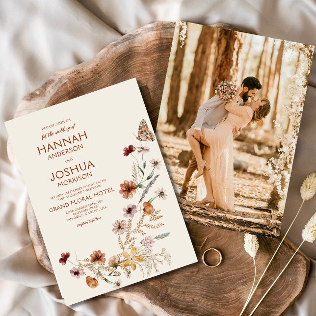 Boho Wildflower Beige Photo Garden Wedding Invitation (Creator Uploaded)