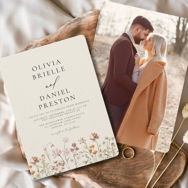 Boho Wildflower Beige Photo Garden Wedding Invitation (Creator Uploaded)