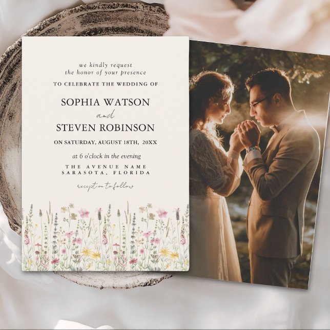 Boho Wildflower Beige Photo Garden Wedding Invitation (Creator Uploaded)