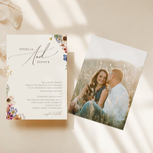 Boho Wildflower   Beige Photo Traditional Wedding Invitation