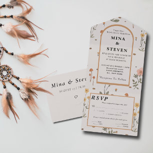 Boho Wildflower beige Wedding  All In One Invitation
