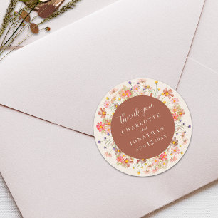 Boho Wildflower Beige Wedding Thank You Classic Round Sticker