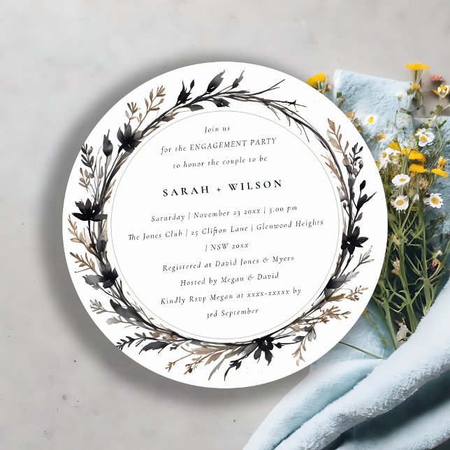 Boho Wildflower Black Brown Fall Wreath Engagement Invitation (Creator Uploaded)