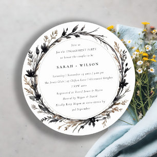 Boho Wildflower Black Brown Fall Wreath Engagement Invitation