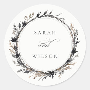 Boho Wildflower Black Brown Fall Wreath Wedding Classic Round Sticker