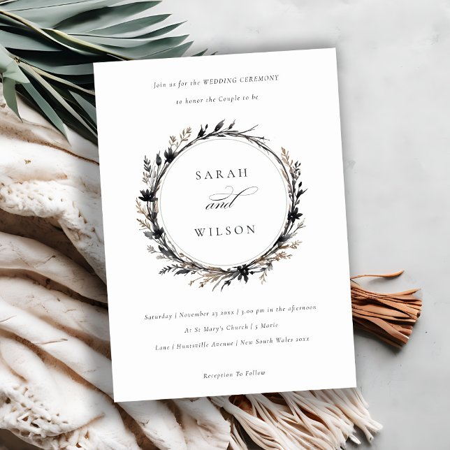 Boho Wildflower Black Brown Fall Wreath Wedding Invitation (Creator Uploaded)