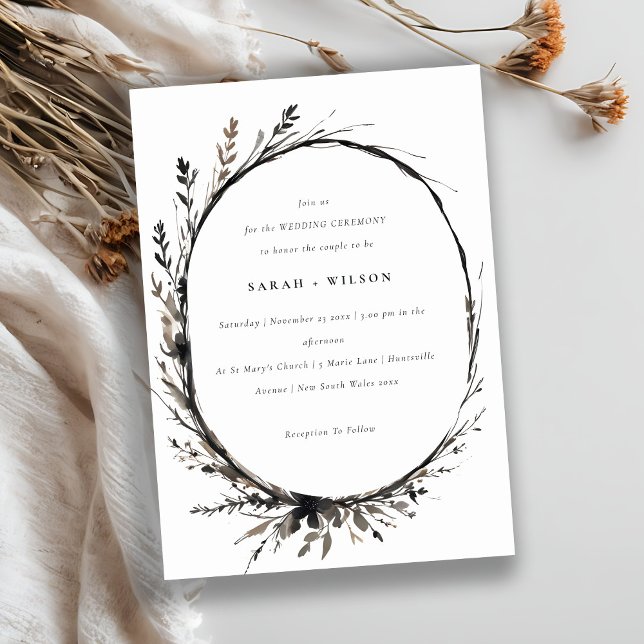 Boho Wildflower Black Brown Fall Wreath Wedding Invitation (Creator Uploaded)