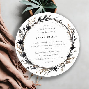 Boho Wildflower Black Fall Wreath Baby Shower Invitation