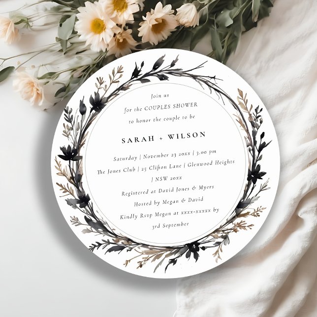 Boho Wildflower Black Fall Wreath Couples Shower Invitation (Creator Uploaded)