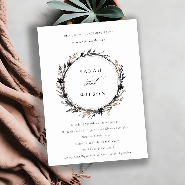 Boho Wildflower Black Fall Wreath Engagement Invitation (Creator Uploaded)