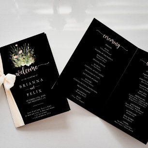 Boho Wildflower Black Folded Wedding Program Programme