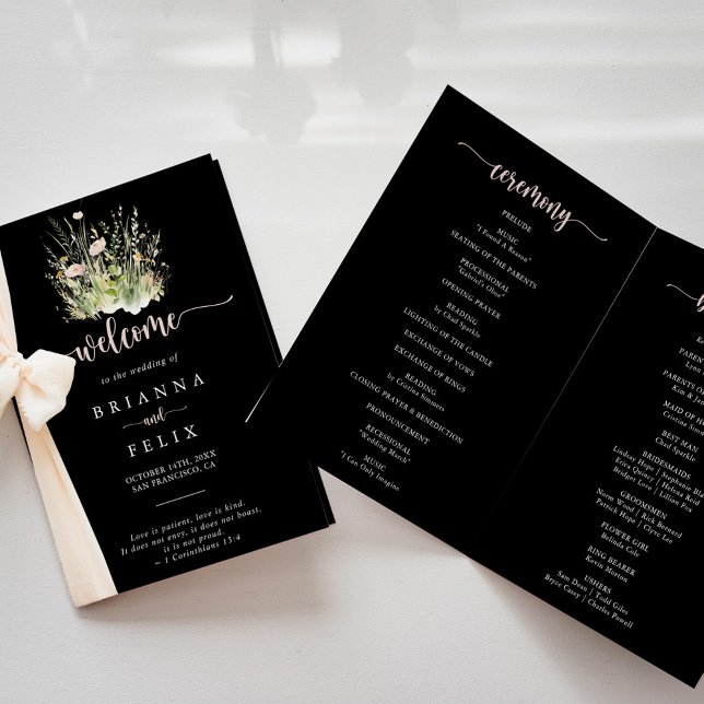 Boho Wildflower Black Folded Wedding Program Programme (Creator Uploaded)