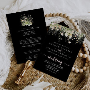 Boho Wildflower Black Front & Back Wedding Invitation