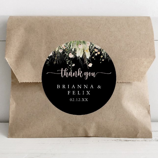 Boho Wildflower Black Thank You Wedding Favour  Classic Round Sticker (Creator Uploaded)