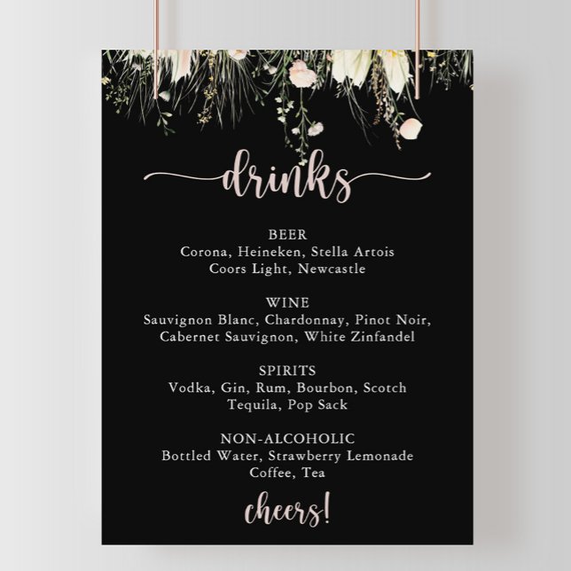 Boho Wildflower Black Wedding Drinks Menu  Poster (Creator Uploaded)