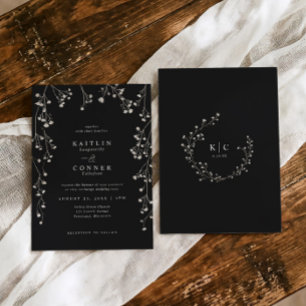 Boho Wildflower Black White Baby's Breath Wedding Invitation