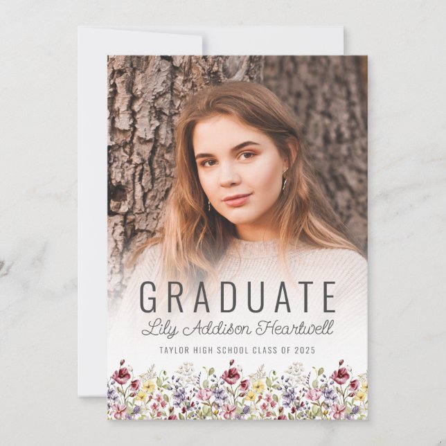 Boho Wildflower Blush Pink Photo Grad Announcement (Front)