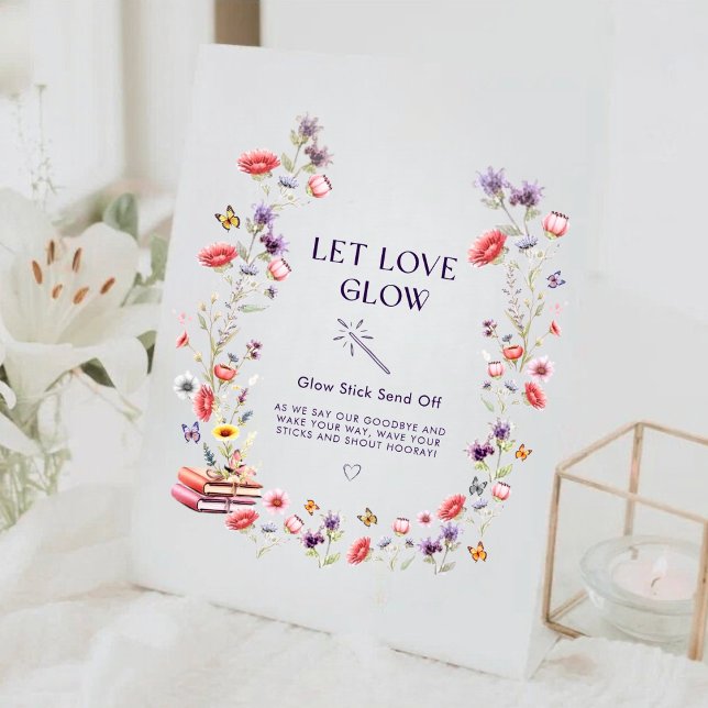 Boho Wildflower Book Let Love Glow Bridal Shower  Pedestal Sign (Boho “Let Love Glow” floral sign for a romantic bridal shower display.)