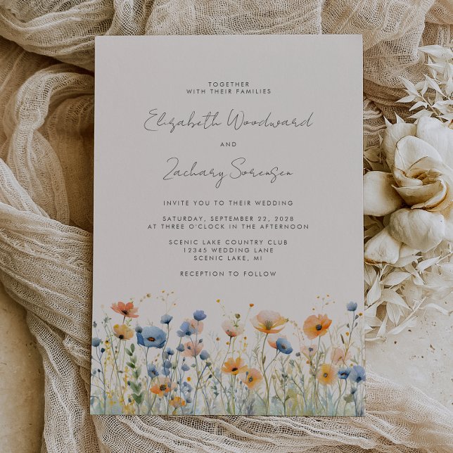 Boho Wildflower Border Orange Blue Wedding Invitation (Creator Uploaded)