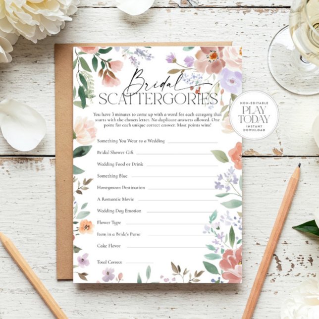 Boho Wildflower Bridal Shower Scattergories Game Invitation (Creator Uploaded)
