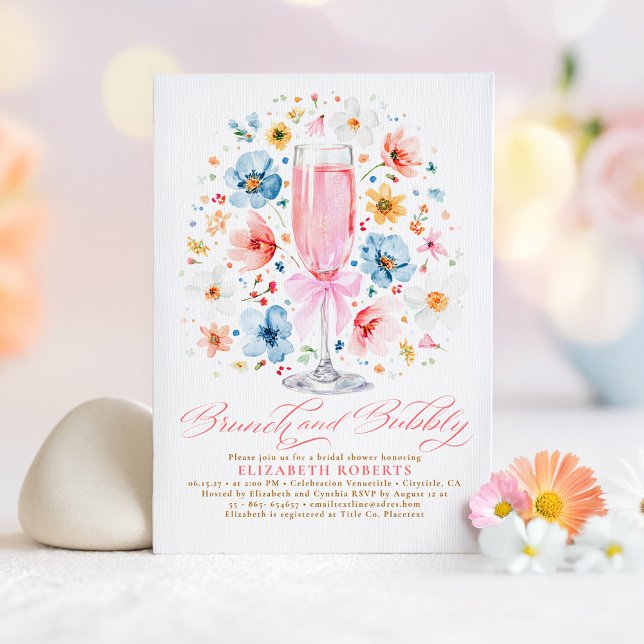 Boho Wildflower Brunch and Bubbly Bridal Shower Invitation (Rose Wine Wildflowers Boho Brunch and Bubbly Bridal Shower Invitation)
