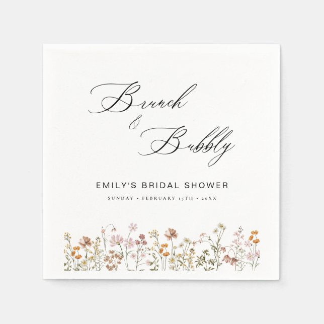 Boho Wildflower Brunch & Bubbly  Bridal Shower Napkin (Front)