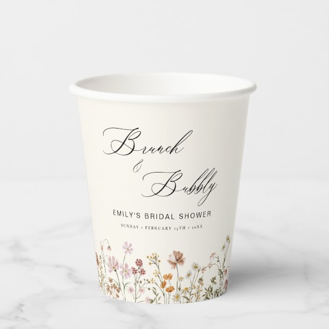 Boho Wildflower Brunch & Bubbly  Bridal Shower Paper Cups (Front)