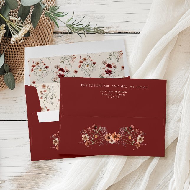 Boho Wildflower Burgundy Wedding Return Address Envelope (Creator Uploaded)
